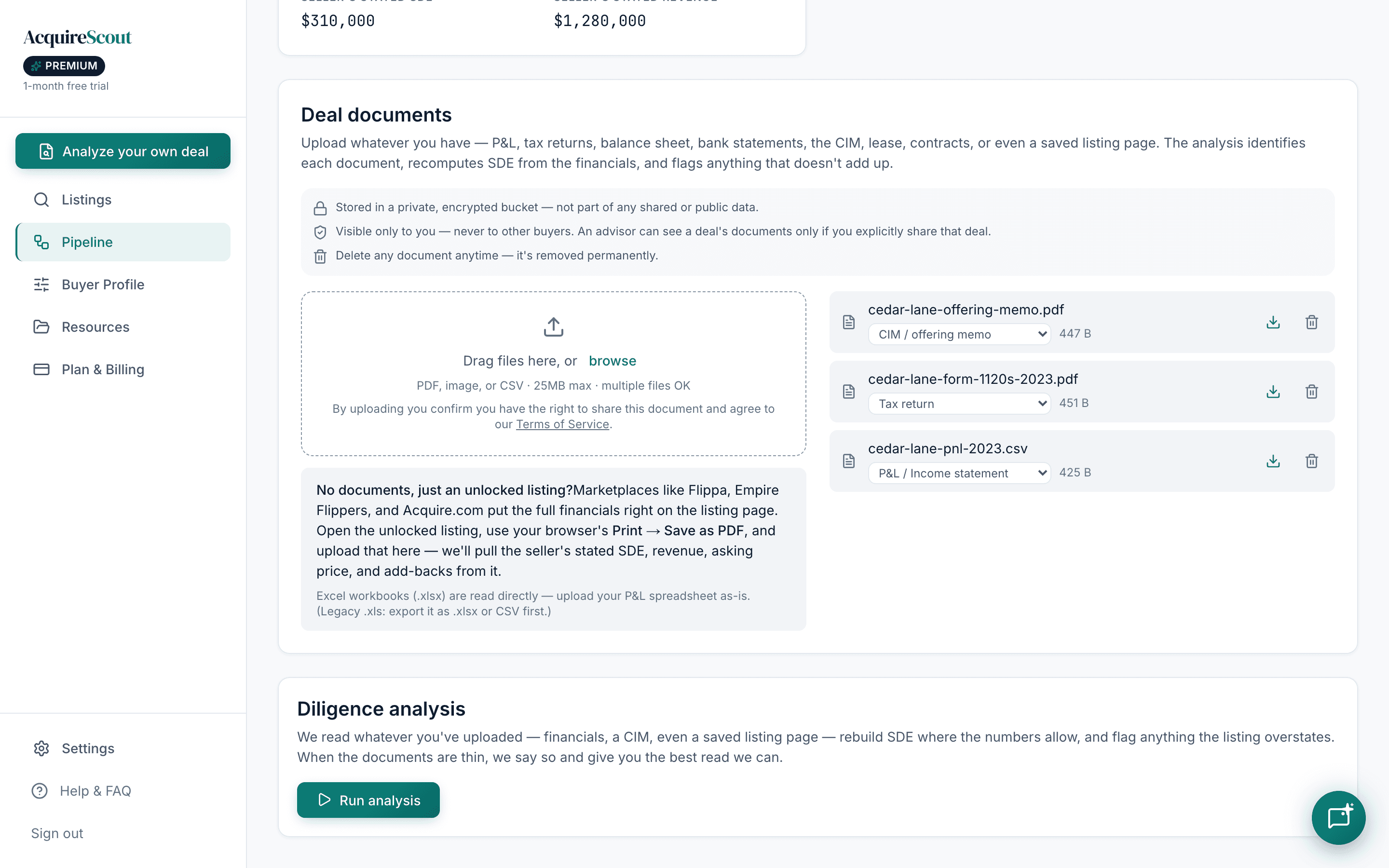 The Deal documents panel: a drag-and-drop upload area beside three uploaded files — an offering memo labelled CIM, a Form 1120S labelled Tax return, and a P&L labelled P&L / Income statement — each with a type dropdown, above a Run analysis button.