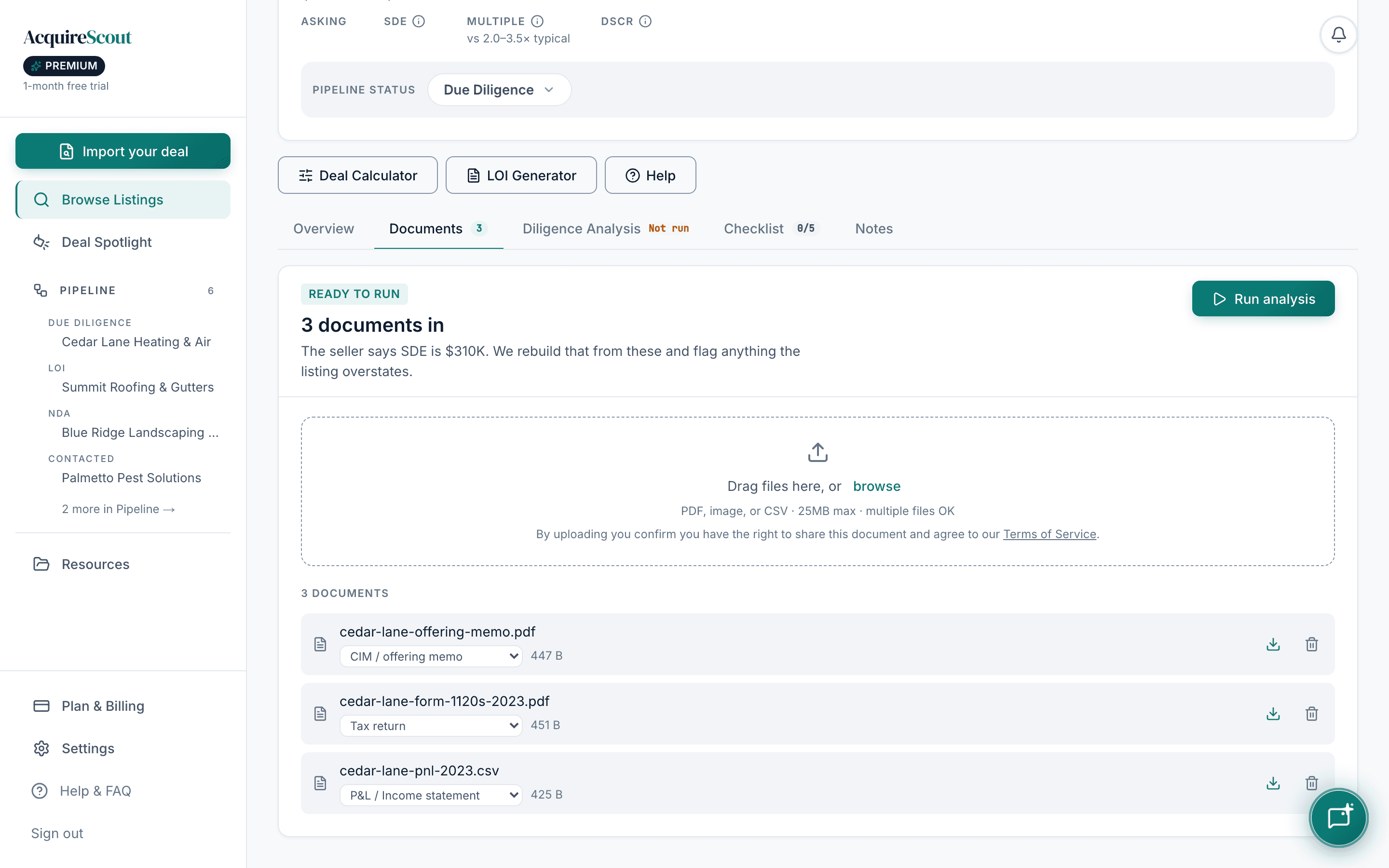 The Cedar Lane Heating & Air deal room, with the Documents tab open beside Overview, Diligence Analysis, Checklist and Notes. Three uploaded files are listed — an offering memo, a 2023 tax return and a 2023 P&L — each classified by type, above a Run analysis button.