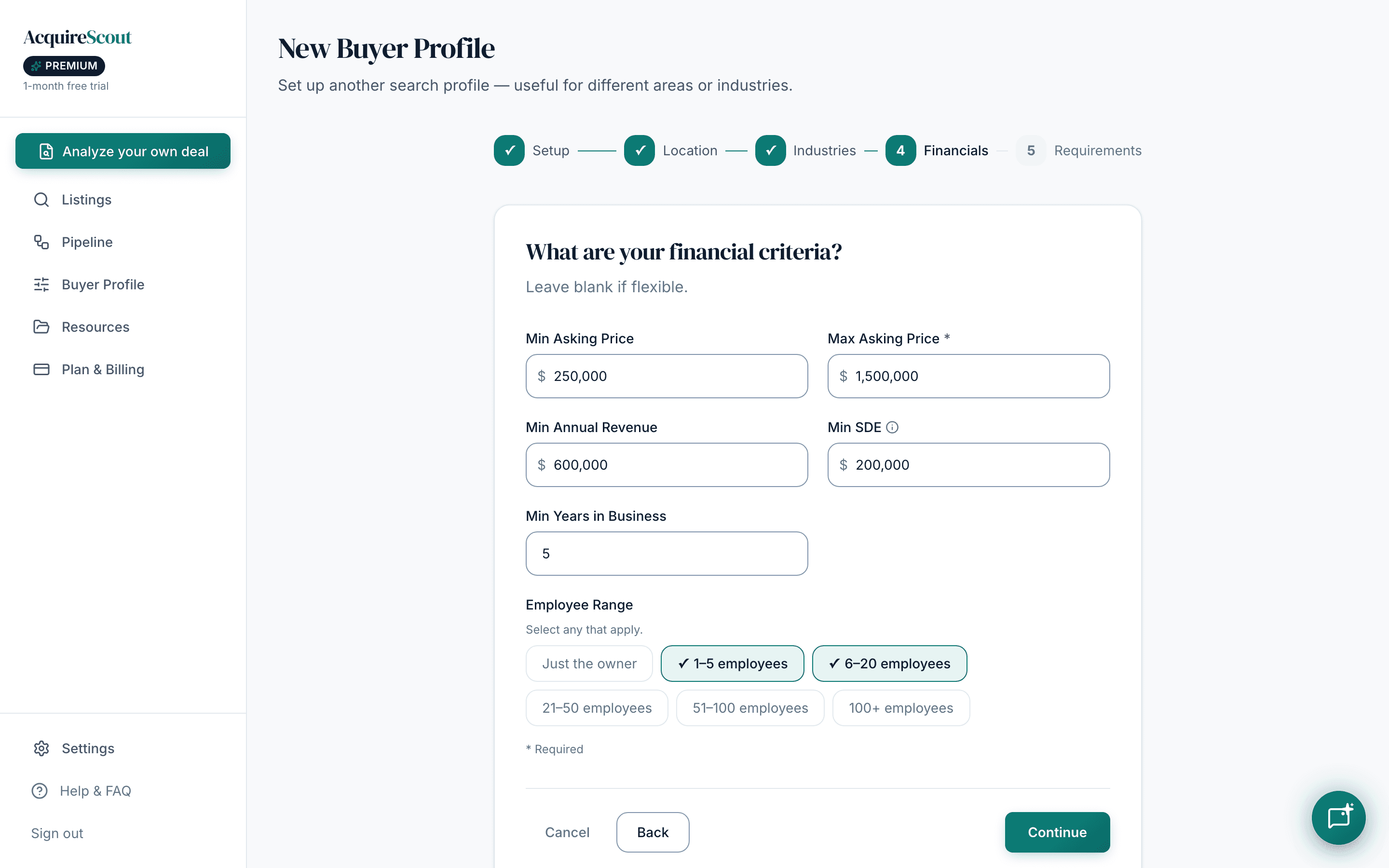 The Financials step of the buyer profile wizard, fourth of five, with Min Asking Price $250,000, Max Asking Price $1,500,000, Min Annual Revenue $600,000, Min SDE $200,000, Min Years in Business 5, and the 1–5 and 6–20 employee ranges selected.
